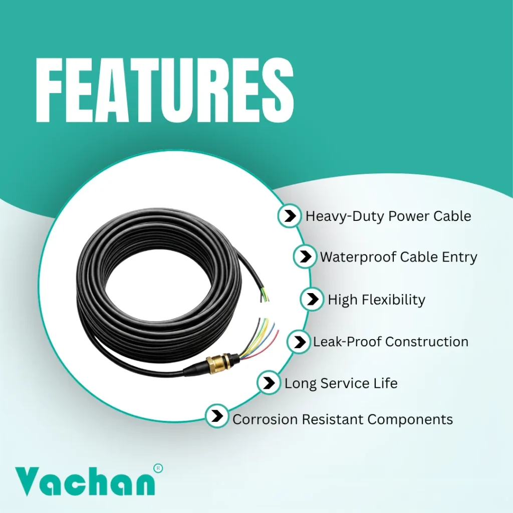 Feature overview of the Vachan V4 ISI Marked Oil Filled Cable Kit designed for submersible pumps. The cable kit offers long service life, oil filled cable construction, waterproof socket assembly, leak-proof cable entry, corrosion-resistant components, and superior insulation performance. Manufactured using premium copper conductors and high-quality insulating materials to withstand harsh underwater operating conditions. Suitable for borewell motors, agricultural irrigation pumps, residential water systems, industrial water transfer applications, and commercial pumping installations. Frequently searched keywords include V4 cable kit, oil filled flat cable, submersible motor cable, waterproof pump cable, ISI marked cable kit, borewell cable replacement, V4 pump accessories, heavy-duty electrical cable, waterproof connector, and submersible spare parts.