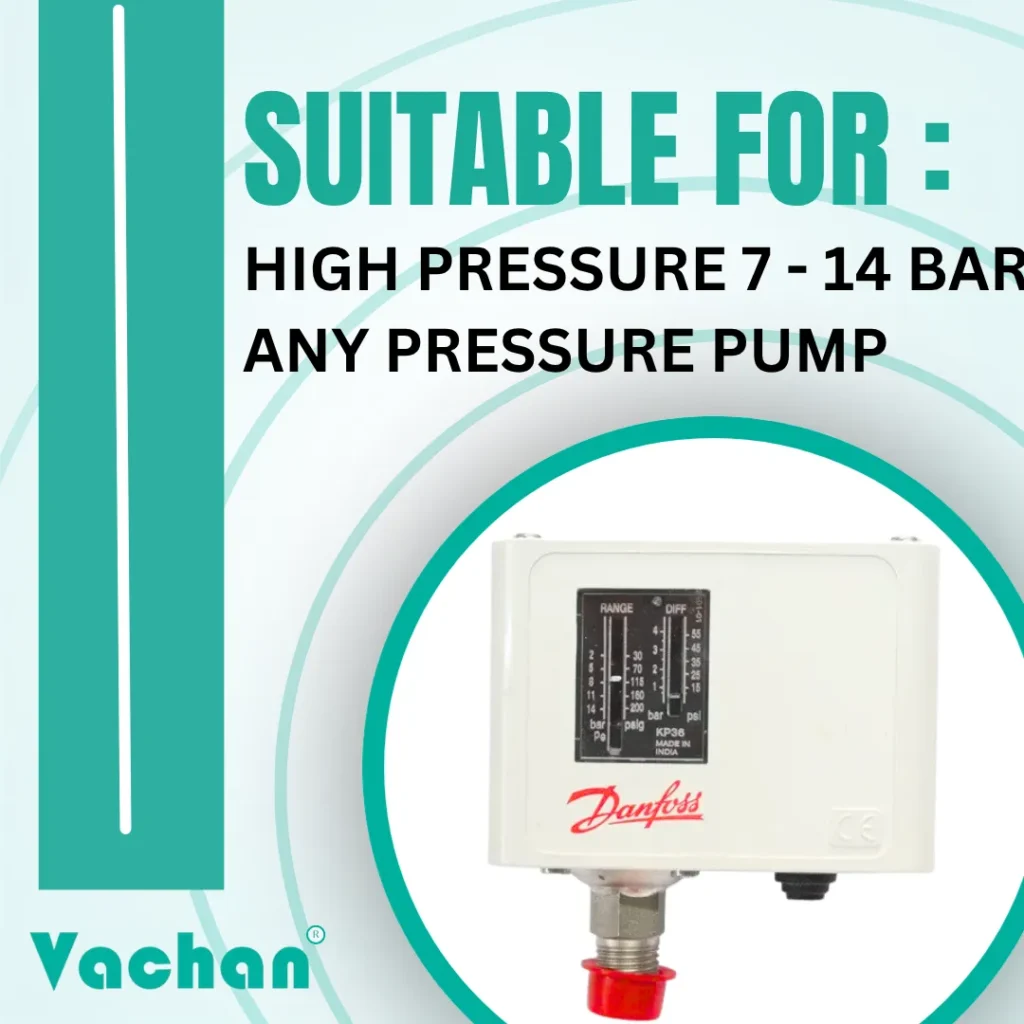 Vachan High Pressure Switch designed for pressure ranges between 7 and 14 bar for demanding industrial and commercial pumping applications. Engineered for accurate pressure regulation, automatic pump operation, and dependable switching performance under higher operating pressures. Suitable for pressure booster systems, industrial process pumps, water treatment plants, hydro pneumatic installations, irrigation systems, fire protection systems, and high-pressure water pumping applications. Manufactured with corrosion-resistant materials and adjustable pressure settings for long-term reliability. Frequently searched keywords include high pressure switch, 7-14 bar pressure switch, industrial pressure switch, water pump controller, pressure regulator switch, automatic pressure control, adjustable pump switch, and pressure monitoring device.