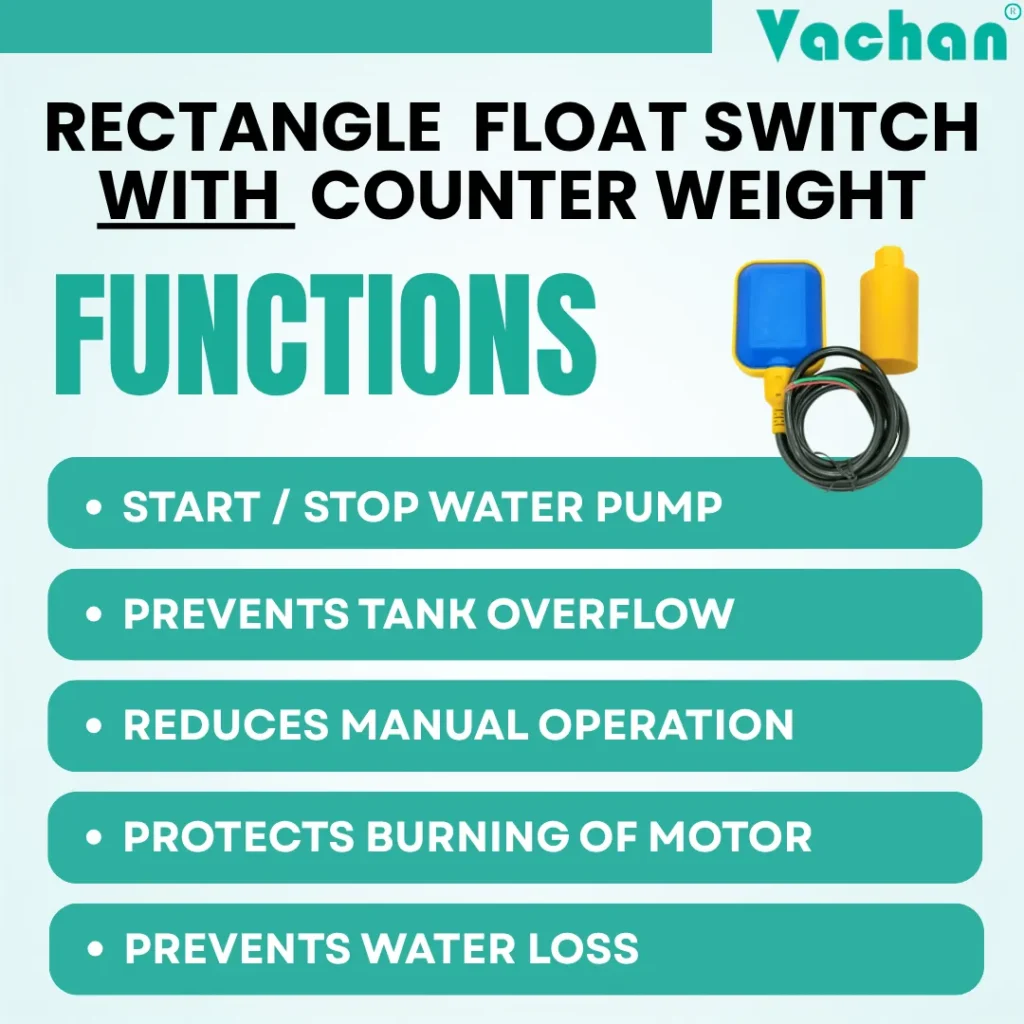 Rectangular Float Switch with Counter Weight automatically starts and stops water pumps, prevents tank overflow, reduces manual operation, protects pump motors from dry running, and minimizes water loss. Suitable for dewatering pumps, drainage systems, industrial water tanks, wastewater treatment plants, and automatic water level control applications.