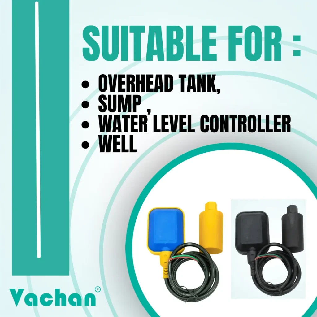 Rectangular Float Switch with Counter Weight suitable for overhead tanks, sump tanks, water level controllers, wells, industrial water tanks, and automatic pump control systems for efficient liquid level monitoring and pump automation.