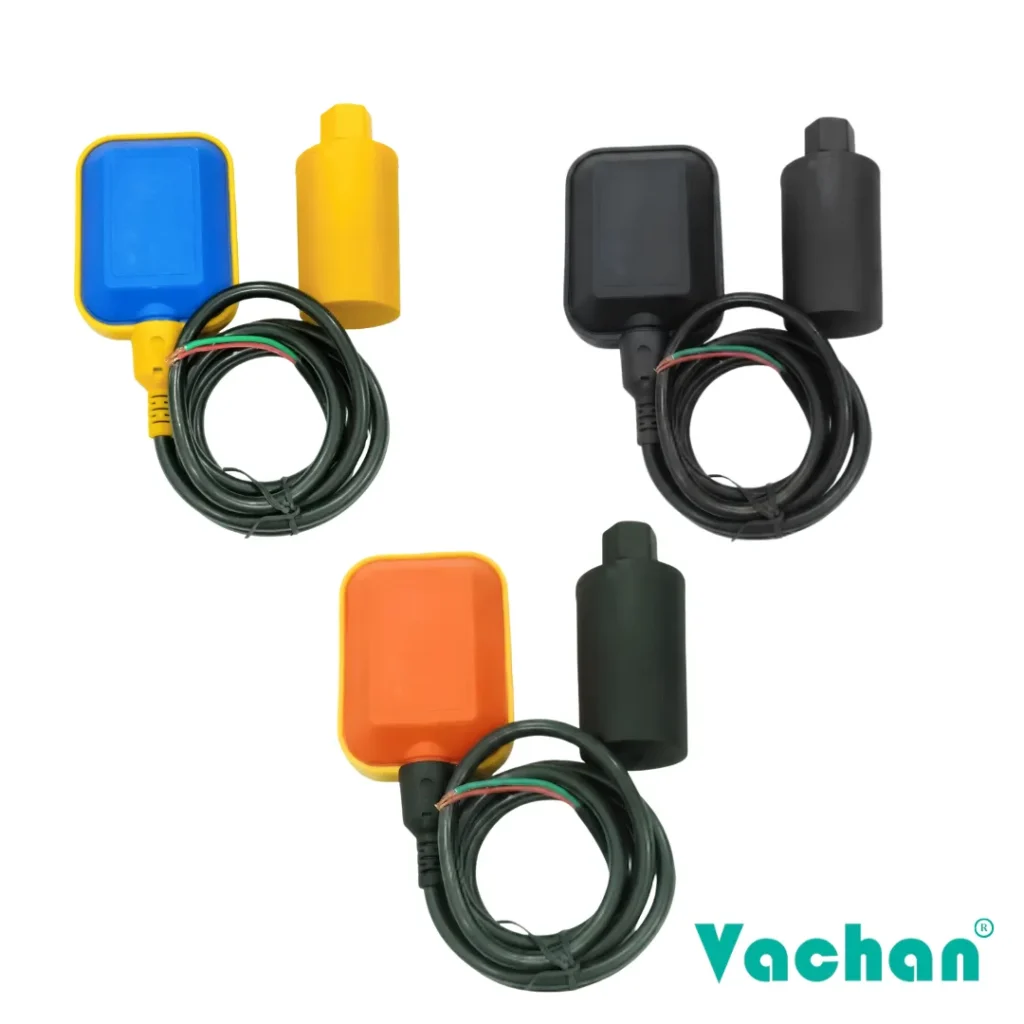 Rectangular Float Switch with Counter Weight available in multiple colour options with durable cable, integrated counter weight, and heavy-duty construction for automatic water level control, pump automation, overflow prevention, and industrial liquid level monitoring.