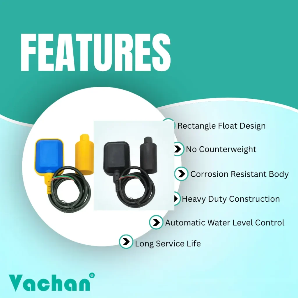 Rectangular Float Switch with Counter Weight featuring heavy-duty construction, corrosion-resistant body, automatic water level control, integrated counter weight, long service life, rectangular float design, and reliable pump automation for industrial, commercial, agricultural, and wastewater applications.