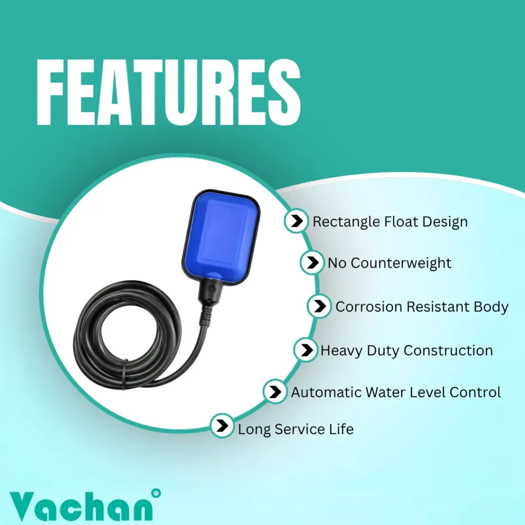 Rectangular Float Switch without Counter Weight featuring heavy-duty construction, corrosion-resistant body, automatic water level control, integrated counter weight, long service life, rectangular float design, and reliable pump automation for industrial, commercial, agricultural, and wastewater applications.