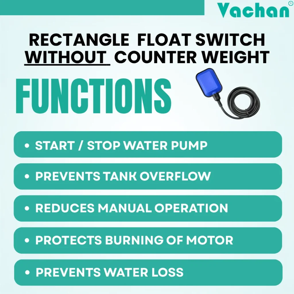 Rectangular Float Switch without Counter Weight automatically starts and stops water pumps, prevents tank overflow, reduces manual operation, protects pump motors from dry running, and minimizes water loss. Suitable for dewatering pumps, drainage systems, industrial water tanks, wastewater treatment plants, and automatic water level control applications.