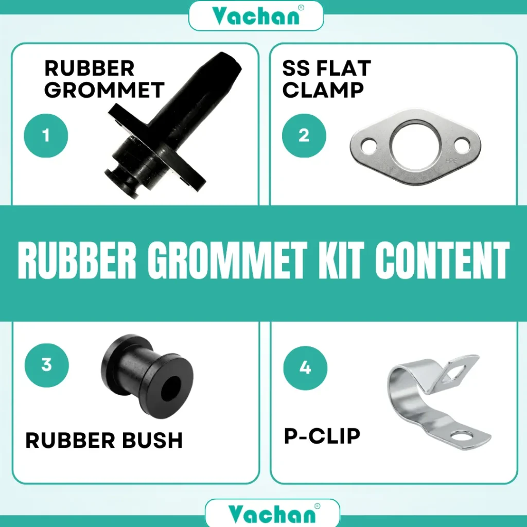 Component image displaying the complete Vachan Rubber Grommet Kit for Crompton Pumps including a premium rubber grommet, stainless steel flat clamp, rubber bush, and stainless steel P-clip. Every component is manufactured using high-quality materials to provide secure cable sealing, waterproof protection, vibration resistance, and reliable pump performance. The kit is suitable for installation, maintenance, servicing, and replacement of worn cable sealing assemblies in Crompton and compatible submersible pumps. Frequently searched Google keywords include Crompton pump spare parts, rubber grommet kit, cable sealing accessories, waterproof cable entry kit, SS flat clamp, replacement rubber bush, P-clip, pump maintenance kit, and submersible pump repair components.