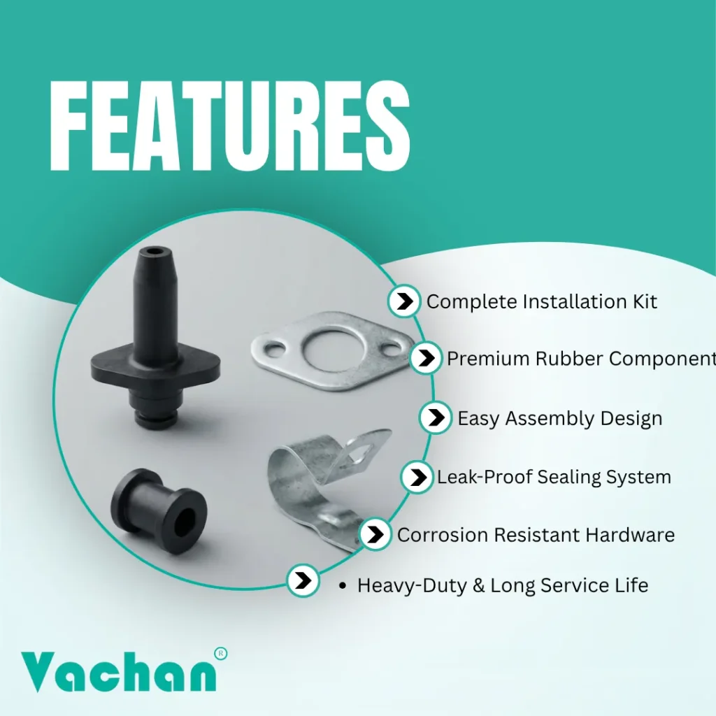 Feature image highlighting the Vachan Rubber Grommet Kit for Crompton Pumps with premium rubber construction, stainless steel flat clamp, corrosion-resistant P-clip, durable rubber bush, waterproof cable sealing, easy installation, vibration resistance, secure cable protection, heavy-duty construction, and extended service life. The kit is engineered to minimize water ingress while protecting pump cables in residential, agricultural, commercial, and industrial pumping applications. Suitable for routine maintenance and replacement of worn cable sealing components. Frequently searched keywords include Crompton pump spare parts, rubber grommet kit, waterproof cable seal, SS flat clamp, replacement rubber bush, cable entry accessories, pump repair kit, and submersible pump maintenance.
