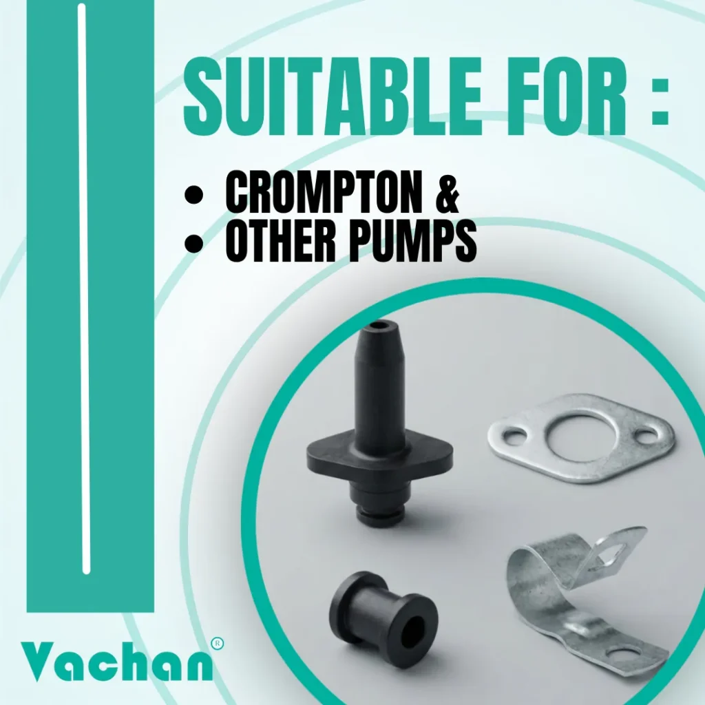 Compatibility image of the Vachan Rubber Grommet Kit designed for Crompton and other compatible submersible pumps. The kit includes a premium rubber grommet, stainless steel flat clamp, rubber bush, and stainless steel P-clip to ensure leak-proof cable entry, vibration resistance, and reliable pump operation. Manufactured with durable industrial-grade materials to improve cable life and reduce maintenance requirements. Ideal for borewell pumps, domestic water pumps, agricultural irrigation pumps, commercial pumping systems, and industrial water transfer equipment. Popular Google searches include Crompton pump spare parts, waterproof cable sealing kit, rubber grommet, stainless steel flat clamp, pump maintenance kit, replacement rubber bush, cable protection kit, and submersible pump accessories.