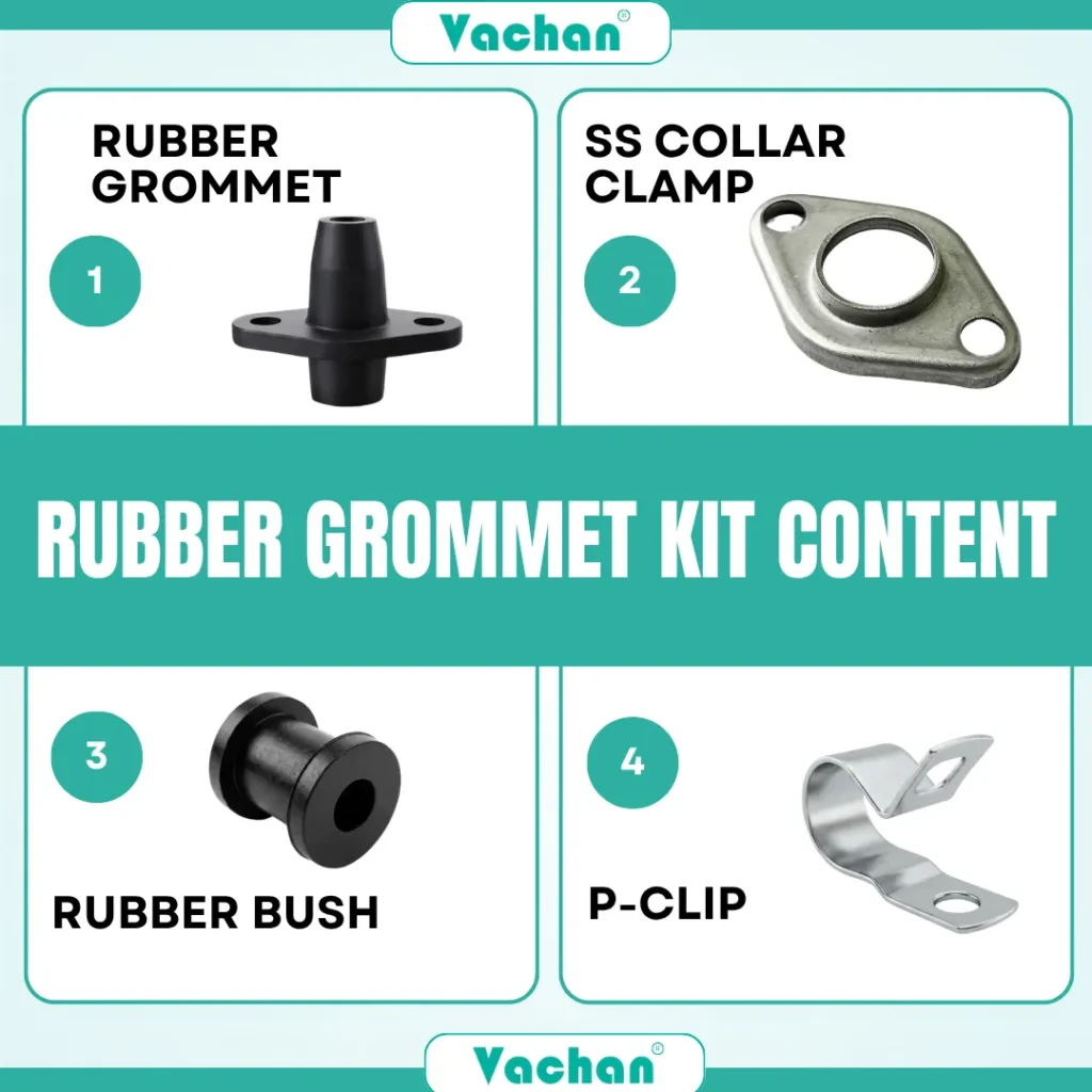 Component overview of the Vachan Rubber Grommet Kit for Crompton Pumps featuring a premium rubber grommet, stainless steel collar clamp, rubber bush, and stainless steel P-clip. Every component is engineered for leak-proof cable sealing, secure mounting, and dependable cable protection in Crompton and other compatible submersible pumps. Manufactured using high-quality industrial rubber and corrosion-resistant stainless steel to deliver excellent durability and long service life. Ideal for replacement, servicing, and maintenance of borewell, domestic, agricultural, commercial, and industrial water pumps. Common Google search terms include Crompton pump spare parts, rubber grommet kit, cable sealing accessories, stainless steel clamp, rubber bush, P-clip, waterproof cable entry kit, submersible pump installation kit, and pump maintenance accessories.