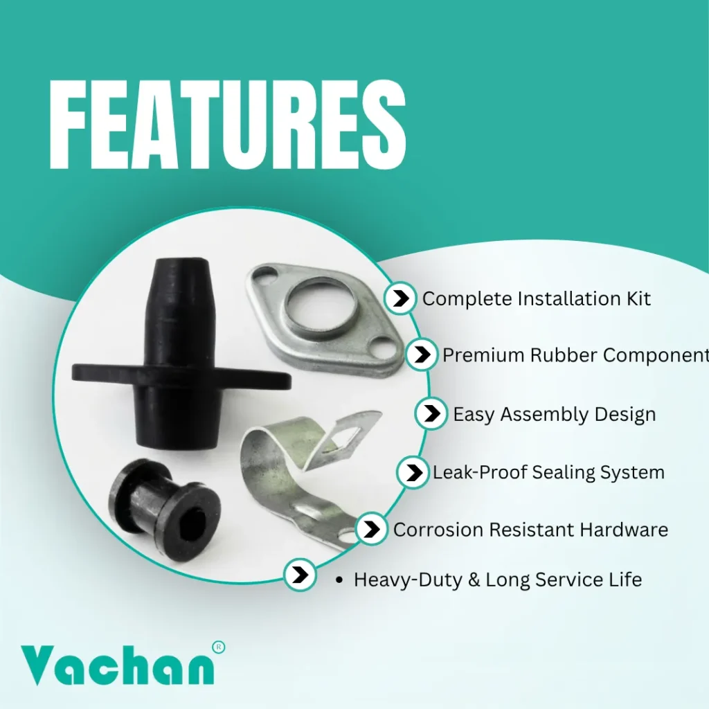 Feature image showcasing the Vachan Rubber Grommet Kit for Crompton Pumps with premium rubber construction, corrosion-resistant stainless steel collar clamp, durable rubber bush, stainless steel P-clip, easy installation, waterproof sealing, and long operational life. Designed to protect pump cables from moisture, vibration, abrasion, and environmental damage while providing reliable cable entry sealing. Suitable for Crompton and other compatible submersible pumps used in residential, agricultural, commercial, and industrial applications. Common Google searches include Crompton pump accessories, rubber grommet kit, cable sealing components, waterproof cable entry, replacement rubber bush, stainless steel clamp, pump repair kit, and submersible pump spare parts.
