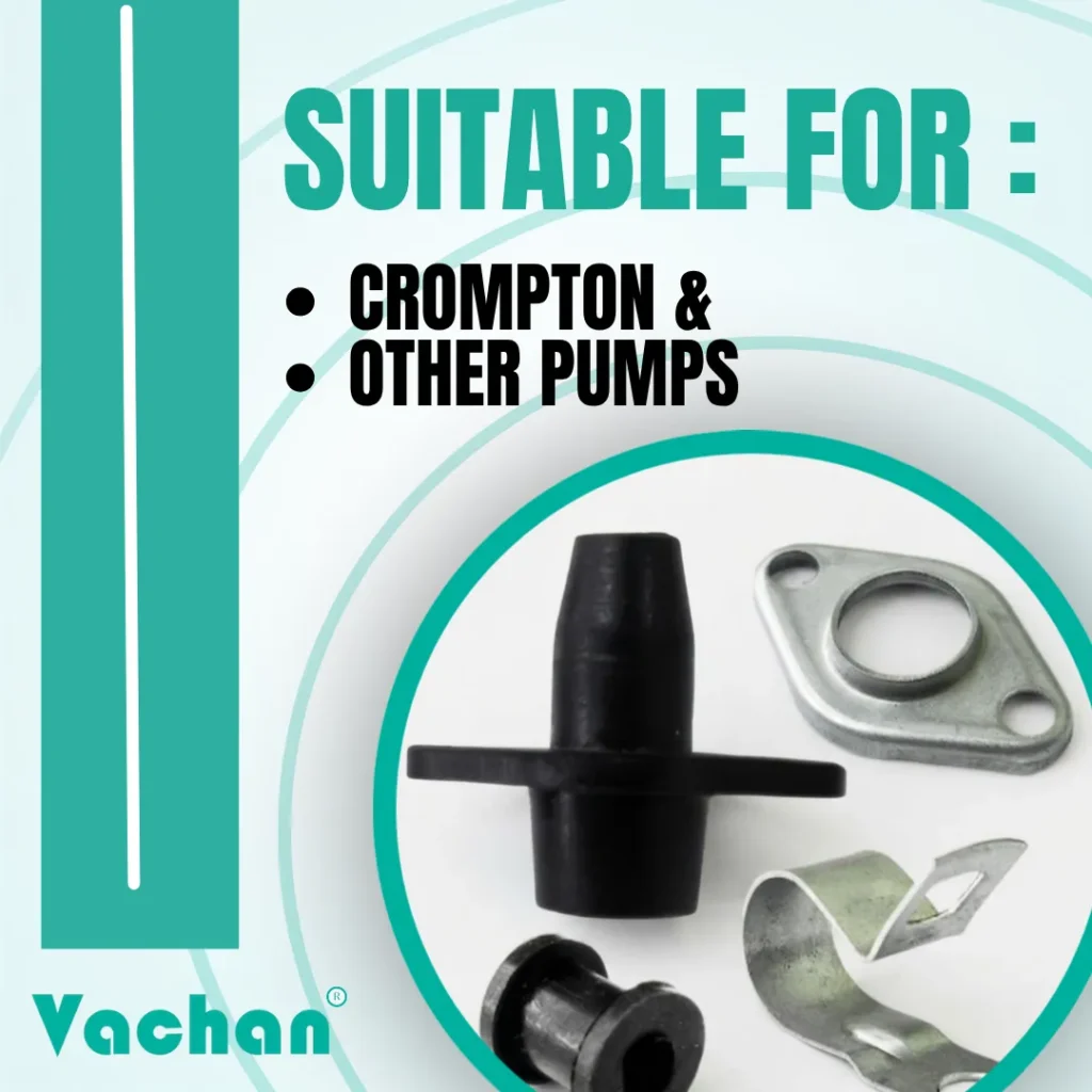 Compatibility image showing the Vachan Rubber Grommet Kit suitable for Crompton and other compatible submersible pumps. This installation kit includes a premium rubber grommet, stainless steel collar clamp, rubber bush, and stainless steel P-clip to provide secure cable routing, waterproof sealing, and reliable pump performance. Built with industrial-grade materials to withstand demanding operating environments and reduce maintenance requirements. Suitable for domestic water pumps, agricultural irrigation pumps, commercial water systems, and industrial pumping equipment. Frequently searched keywords include Crompton pump spare parts, cable sealing kit, rubber grommet, stainless steel collar clamp, waterproof pump accessories, cable entry seal, replacement pump kit, rubber bush, and submersible pump repair components.
