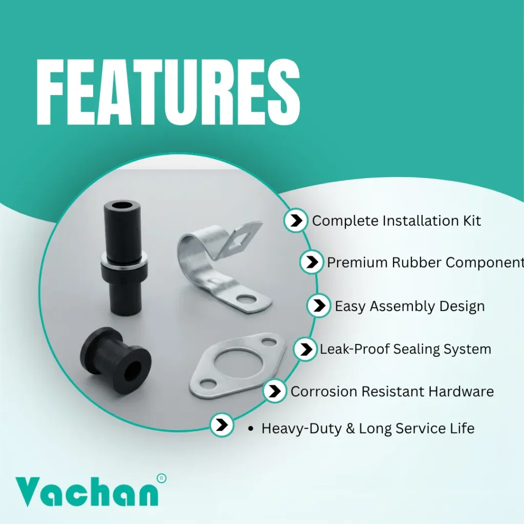 Feature overview of the Vachan Rubber Grommet Kit for Lubi Pumps highlighting premium rubber construction, complete installation kit, easy assembly, leak-proof sealing system, corrosion-resistant hardware, and heavy-duty long service life. Designed to improve cable protection and ensure secure installation in Lubi submersible pumps operating in demanding environments. Manufactured using industrial-grade rubber and stainless steel components for maximum durability, reduced maintenance, and dependable performance. Ideal for residential, agricultural, commercial, and industrial pumping systems requiring reliable waterproof cable entry solutions. Frequently searched Google keywords include rubber grommet kit, Lubi pump accessories, cable sealing kit, waterproof cable seal, submersible pump repair kit, rubber bush, stainless steel flat clamp, pump installation kit, replacement cable grommet, and float switch accessories.
