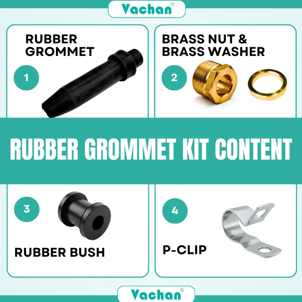 Component overview of the Vachan Rubber Grommet Kit for Kirloskar Pumps showing a premium rubber grommet, brass nut, brass washer, rubber bush, and stainless steel P-clip. Every component is engineered to ensure waterproof cable sealing, secure installation, and effective cable protection in Kirloskar and other compatible submersible pumps. The kit helps reduce maintenance, prevent water leakage, and improve overall pump reliability during continuous operation. Manufactured using premium rubber, precision brass, and corrosion-resistant stainless steel for long-lasting durability. Frequently searched Google keywords include Kirloskar pump spare parts, rubber grommet kit, brass nut with washer, cable sealing accessories, waterproof cable gland kit, replacement rubber bush, P-clip, submersible pump repair kit, and pump installation hardware.