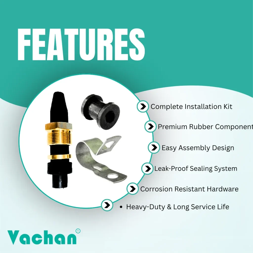 Feature image highlighting the Vachan Rubber Grommet Kit for Kirloskar Pumps with premium rubber construction, brass nut, brass washer, corrosion-resistant stainless steel P-clip, easy installation, waterproof sealing, and long service life. Designed to protect pump cables from moisture, vibration, and mechanical damage while providing a secure cable entry solution for Kirloskar and compatible submersible pumps. Manufactured using durable industrial-grade materials for dependable performance during continuous operation. Suitable for replacement and maintenance of residential, agricultural, commercial, and industrial water pumps. Common Google search keywords include Kirloskar pump accessories, rubber grommet kit, brass washer, brass nut, waterproof cable seal, pump repair kit, cable gland accessories, rubber bush, and submersible pump spare parts.