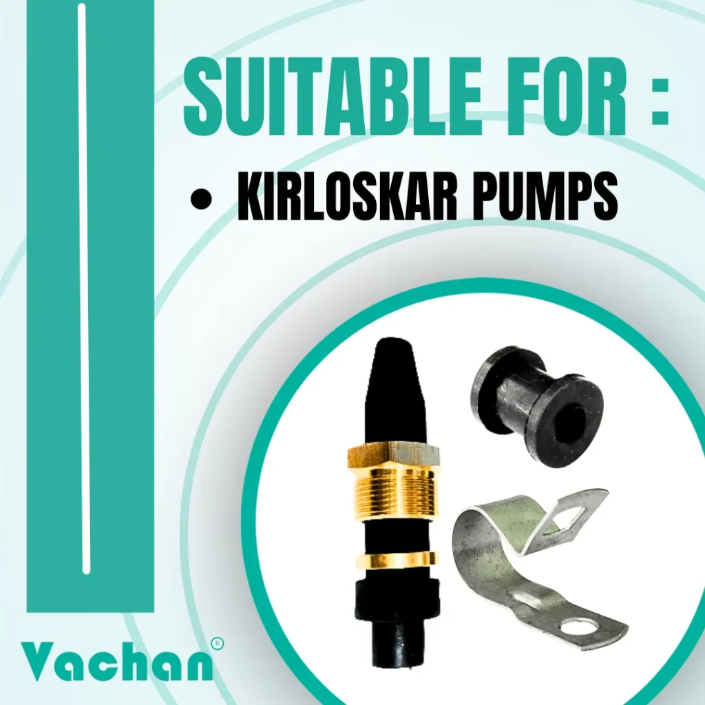 Compatibility image of the Vachan Rubber Grommet Kit designed for Kirloskar and other compatible submersible pumps. The kit contains a rubber grommet, brass nut, brass washer, rubber bush, and stainless steel P-clip to ensure secure cable entry, leak-proof sealing, and dependable pump installation. Built using industrial-grade materials to provide corrosion resistance, cable protection, and reliable long-term performance in challenging environments. Suitable for domestic water pumps, borewell pumps, agricultural irrigation systems, commercial water transfer, and industrial pumping equipment. Popular Google searches include Kirloskar pump spare parts, cable sealing kit, rubber grommet, brass nut with washer, pump repair kit, waterproof cable entry seal, replacement pump accessories, and submersible pump installation kit.