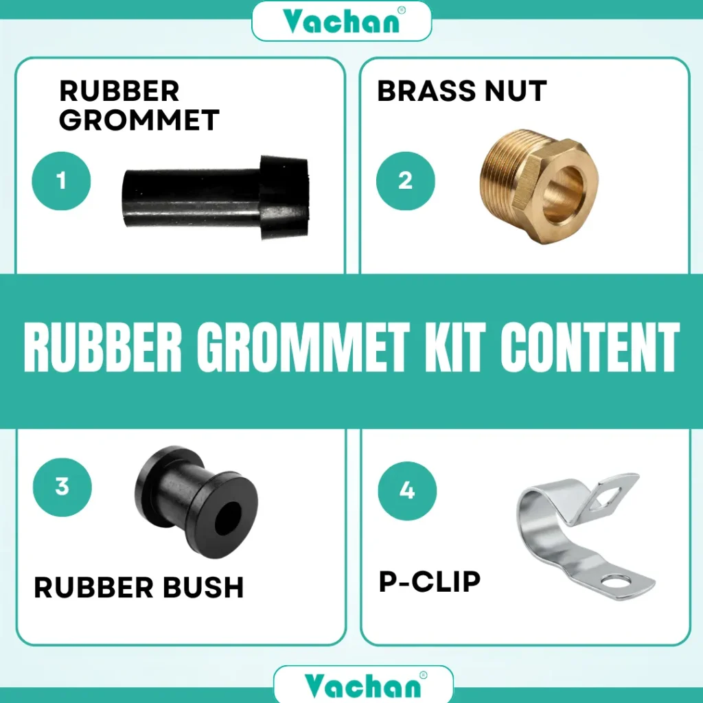 Component overview of the Vachan Rubber Grommet Kit for Kirloskar Pumps showing a premium rubber grommet, precision brass nut, rubber bush, and stainless steel P-clip. Every component is engineered to provide secure cable entry, waterproof sealing, vibration resistance, and reliable installation in Kirloskar and other compatible submersible pumps. Designed for quick replacement during pump servicing while improving cable protection and minimizing maintenance. Manufactured using industrial-quality rubber, corrosion-resistant stainless steel, and precision-machined brass for maximum durability. Common Google search terms include Kirloskar pump spare parts, rubber grommet kit, brass nut for pump, cable sealing accessories, waterproof cable gland kit, replacement rubber bush, P-clip, pump repair kit, and submersible pump installation accessories.