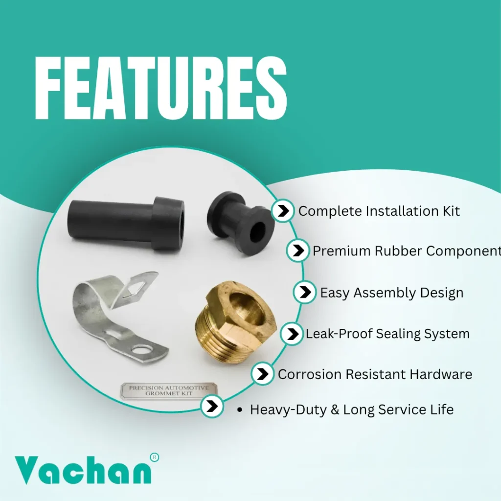 Feature overview of the Vachan Rubber Grommet Kit for Kirloskar Pumps highlighting premium rubber construction, precision brass nut, complete installation kit, easy assembly, leak-proof sealing system, corrosion-resistant hardware, and heavy-duty long service life. Designed to improve cable protection while providing reliable waterproof sealing for Kirloskar and other compatible submersible pumps. Manufactured using industrial-grade rubber, high-quality brass, and stainless steel components to ensure durability and dependable performance in demanding operating conditions. Suitable for residential, agricultural, commercial, and industrial water pumping applications. Popular Google search keywords include Kirloskar pump accessories, rubber grommet kit, brass nut, waterproof cable seal, cable entry kit, pump repair kit, replacement rubber bush, stainless steel P-clip, and submersible pump spare parts.