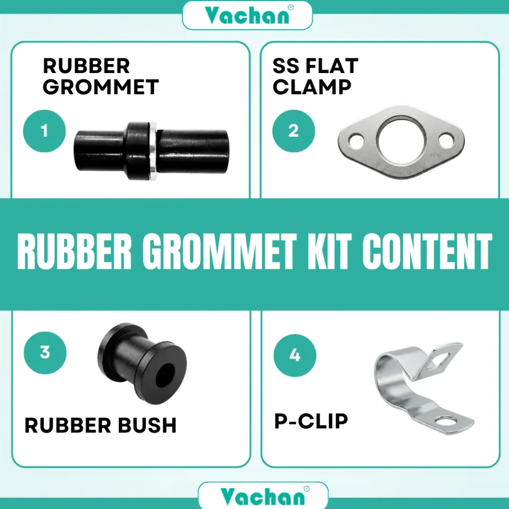 Component overview of the Vachan Rubber Grommet Kit for Lubi Pumps featuring a precision rubber grommet, stainless steel flat clamp, rubber bush, and stainless steel P-clip. Every component is engineered for secure cable entry, waterproof sealing, vibration resistance, and long-lasting durability in submersible pump installations. Designed as a direct replacement kit for Lubi pump maintenance and repair, ensuring dependable cable protection and leak prevention. Manufactured using premium rubber and corrosion-resistant stainless steel for extended service life in harsh environments. Common Google search terms include Lubi pump accessories, rubber grommet kit, cable sealing kit, pump installation kit, stainless steel flat clamp, rubber bush, waterproof cable seal, float switch spare parts, replacement pump hardware, and submersible pump repair accessories.