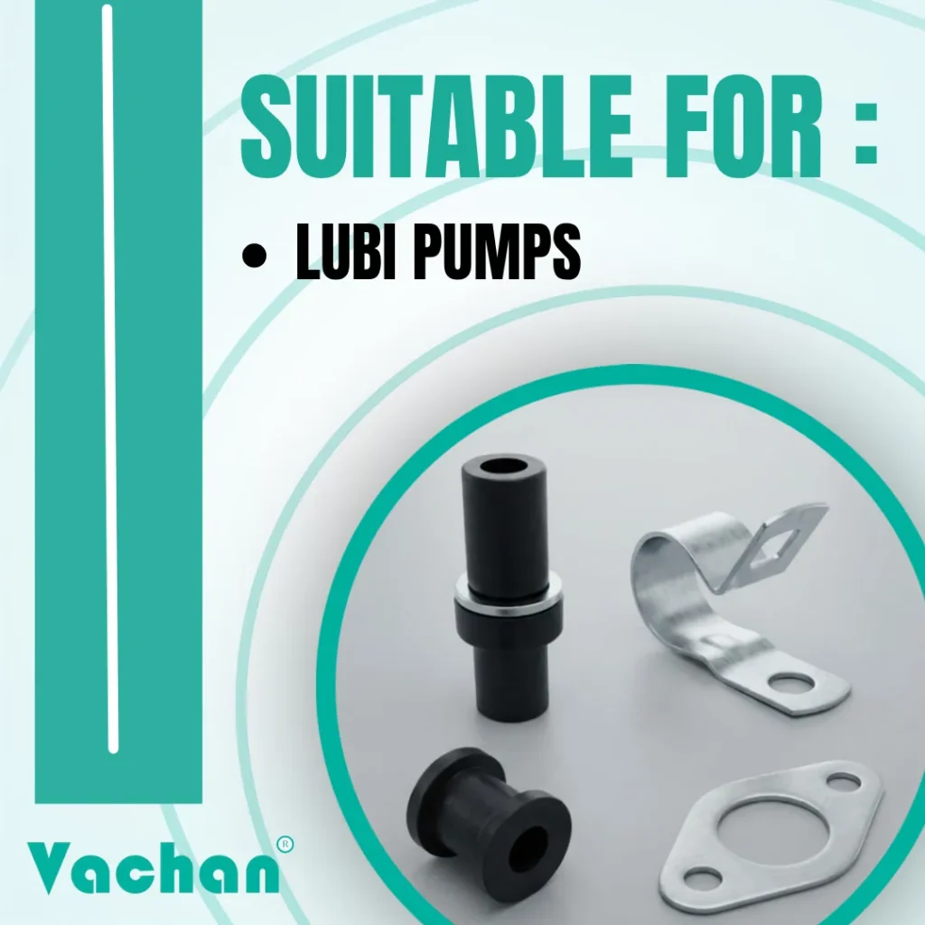 Compatibility image showing the Vachan Rubber Grommet Kit suitable for Lubi submersible pumps. Designed to provide leak-proof cable sealing, secure cable support, vibration resistance, and dependable installation during pump maintenance or replacement. The kit consists of premium rubber and stainless steel components that protect cable entry points from water ingress and mechanical wear. Suitable for residential water tanks, borewell pumps, agricultural irrigation systems, commercial water transfer systems, and industrial pumping applications. Frequently searched keywords include Lubi pump rubber grommet, Lubi pump accessories, cable sealing kit, submersible pump installation kit, waterproof cable entry seal, replacement rubber bush, pump cable accessories, float switch spare parts, and pump repair kit.