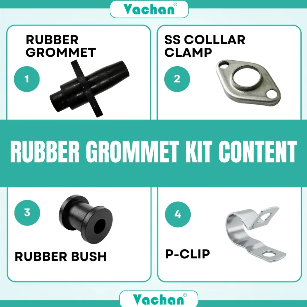 Component overview of the Vachan Rubber Grommet Kit including precision rubber grommet, stainless steel collar clamp, rubber bush, and stainless steel P-clip. Every component is designed to ensure secure cable routing, waterproof sealing, corrosion resistance, vibration protection, and reliable installation in V-Guard, CRI, CGL and other compatible submersible pumps. Manufactured using high-quality materials for extended durability in harsh water environments. Suitable for float switch installations, pump repairs, borewell systems, domestic water tanks, irrigation pumps, and industrial pumping equipment. Common Google search keywords include rubber grommet components, pump cable seal kit, stainless steel collar clamp, rubber bush, P-clip, float switch accessories, submersible pump installation kit, waterproof sealing accessories, replacement pump hardware, and cable protection kit.