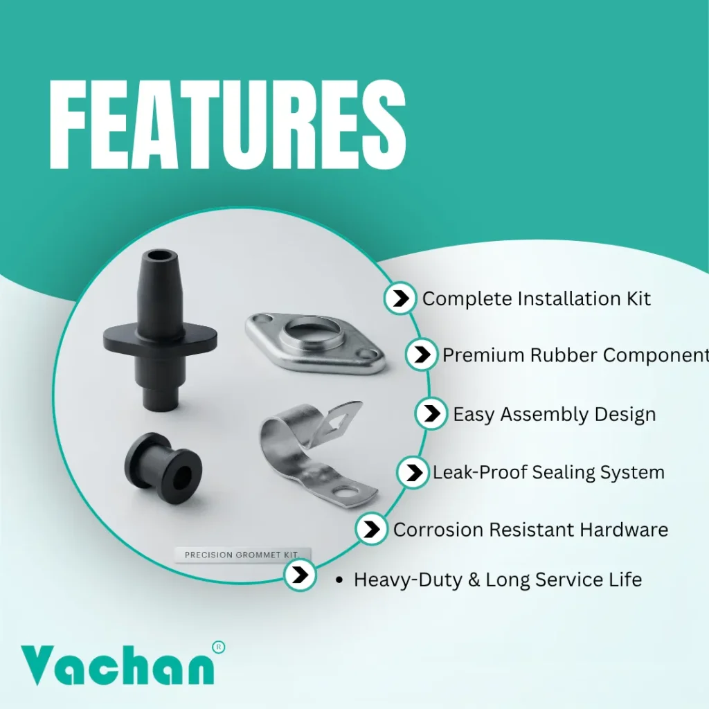 Feature overview of the Vachan Rubber Grommet Kit highlighting complete installation components, premium rubber construction, corrosion-resistant stainless steel hardware, easy assembly, leak-proof sealing, vibration resistance, and long service life. Designed for reliable cable sealing and secure float switch installation in V-Guard, CRI, CGL, and other compatible submersible pumps. Manufactured using durable materials to improve pump reliability while protecting cables from water ingress and mechanical stress. Suitable for domestic, agricultural, commercial, and industrial water pumping systems. Popular Google search terms include rubber grommet kit, waterproof cable seal, float switch installation kit, submersible pump spare parts, rubber bush, stainless steel clamp, pump cable accessories, replacement grommet kit, pump sealing kit, and cable protection kit.