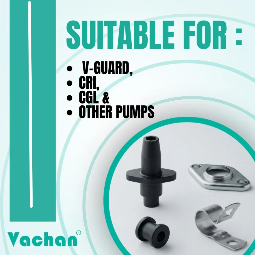 Compatibility image showing the Vachan Rubber Grommet Kit suitable for V-Guard, CRI, CGL and other compatible submersible pumps. Engineered for replacement installations requiring reliable waterproof cable sealing and secure mechanical support. The kit contains premium rubber and stainless steel components that improve installation quality, reduce cable movement, and protect against water leakage. Suitable for residential water tanks, borewell pumps, irrigation systems, commercial pumping stations, and industrial water transfer systems. Frequently searched keywords include V-Guard pump grommet kit, CRI pump rubber kit, CGL pump accessories, float switch grommet kit, waterproof cable seal, submersible pump repair kit, pump installation kit, replacement rubber bush, cable entry seal, and pump spare parts.