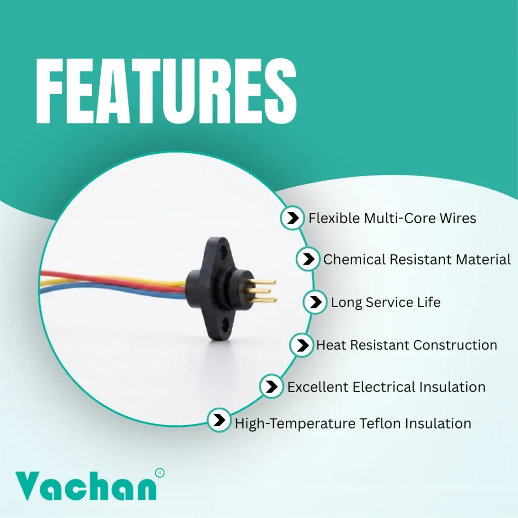Feature image showcasing the Vachan V4 Oil Filled Pump Cable Kit Socket with flexible multi-core Teflon wires, chemical-resistant construction, high-temperature insulation, excellent electrical insulation, durable plastic moulded body, brass connector pins, and long service life. Designed specifically for V4 oil filled submersible pump flat cable kits using 1.5 Sq.mm and 2.5 Sq.mm cables. The colour-coded Red, Yellow, and Blue wires simplify installation while ensuring reliable electrical conductivity and leak-proof operation. Frequently searched keywords include V4 oil filled pump socket, Teflon wire connector, waterproof pump socket, plastic moulded connector, submersible motor accessories, borewell pump cable connector, oil filled cable kit, and pump electrical components.