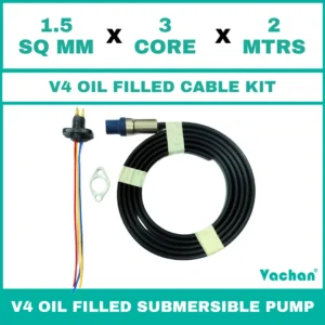V4 Oil Filled Cable Kit for submersible pumps with 1.5 sq mm 3 core 2 meter cable, waterproof cable gland, sealing components, and mounting accessories. Designed for V4 oil filled submersible pumps, borewell pumps, deep well pumps, and industrial water pumping systems, this high-quality cable kit provides secure electrical connections, leak-proof sealing, reliable power transmission, and long-lasting performance in residential, agricultural, commercial, and industrial applications. Kit Contains : Cable with teflon wire, SS Flat Clamp & 3pin Moulded socket