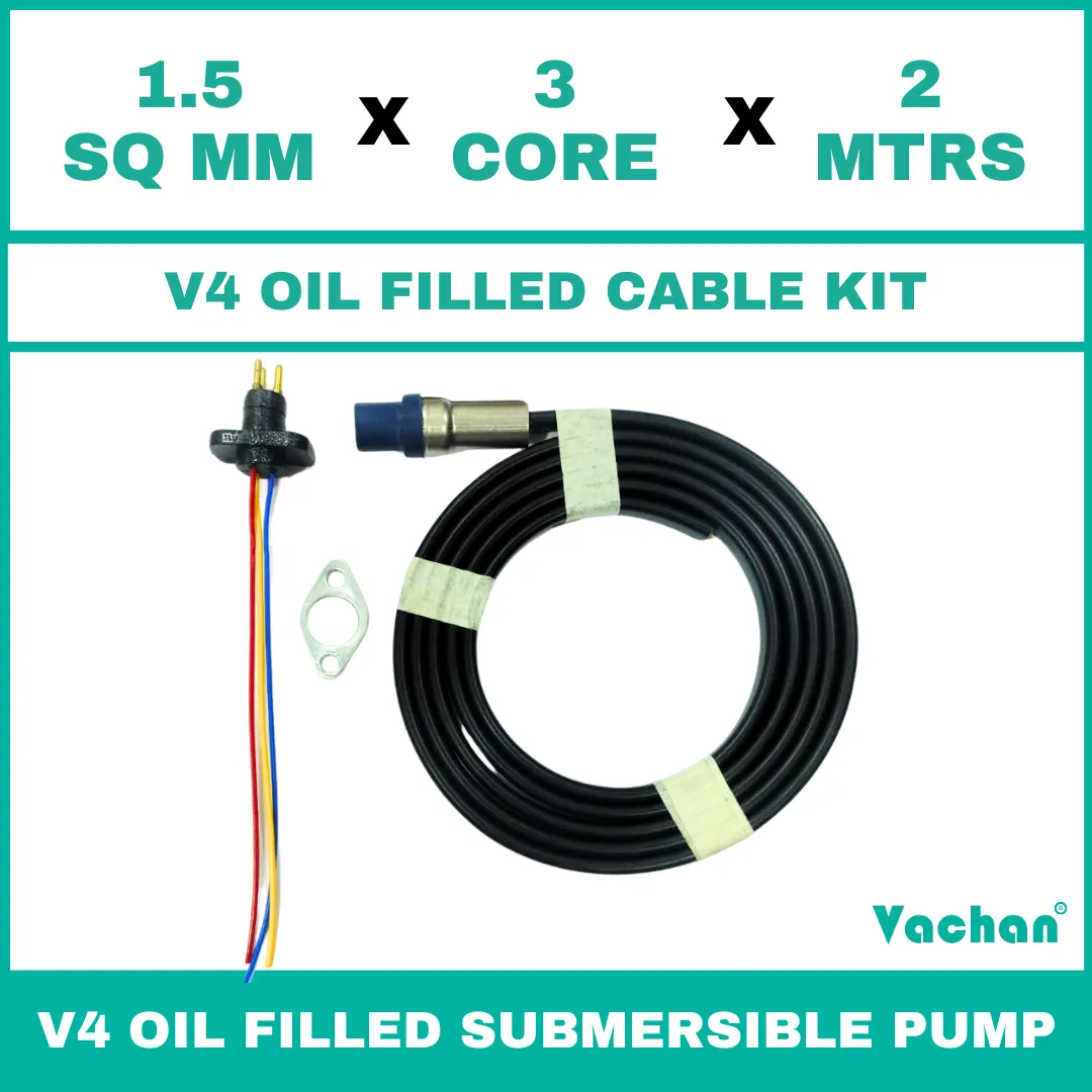 V4 Oil Filled Cable Kit for submersible pumps with 1.5 sq mm 3 core 2 meter cable, waterproof cable gland, sealing components, and mounting accessories. Designed for V4 oil filled submersible pumps, borewell pumps, deep well pumps, and industrial water pumping systems, this high-quality cable kit provides secure electrical connections, leak-proof sealing, reliable power transmission, and long-lasting performance in residential, agricultural, commercial, and industrial applications. Kit Contains : Cable with teflon wire, SS Flat Clamp & 3pin Moulded socket