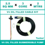 V4 Oil Filled Cable Kit for submersible pumps with 2.5 SQ MM X 3 CORE X 2 MTRS cable, waterproof cable gland, sealing components, and mounting accessories. Designed for V4 oil filled submersible pumps, borewell pumps, deep well pumps, and industrial water pumping systems, this high-quality cable kit provides secure electrical connections, leak-proof sealing, reliable power transmission, and long-lasting performance in residential, agricultural, commercial, and industrial applications. Kit contains : Cable with teflon wire, SS Flat Clamp & 3pin Moulded socket