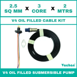 V4 Oil Filled Cable Kit for submersible pumps with 2.5 SQ MM X 3 CORE X 2 MTRS cable, waterproof cable gland, sealing components, and mounting accessories. Designed for V4 oil filled submersible pumps, borewell pumps, deep well pumps, and industrial water pumping systems, this high-quality cable kit provides secure electrical connections, leak-proof sealing, reliable power transmission, and long-lasting performance in residential, agricultural, commercial, and industrial applications. Kit contains : Cable with teflon wire, SS Flat Clamp & 3pin Moulded socket