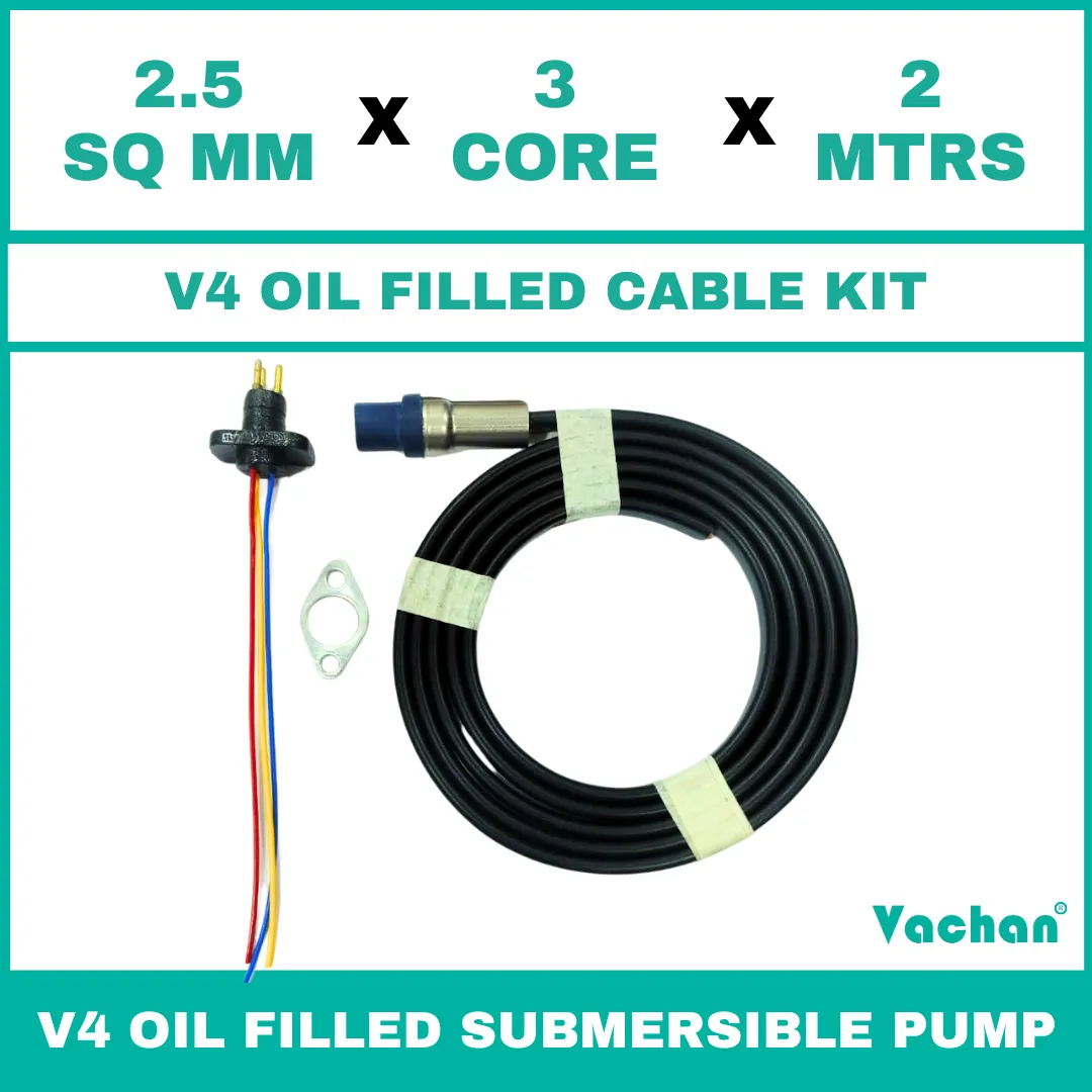 V4 Oil Filled Cable Kit for submersible pumps with 2.5 SQ MM X 3 CORE X 2 MTRS cable, waterproof cable gland, sealing components, and mounting accessories. Designed for V4 oil filled submersible pumps, borewell pumps, deep well pumps, and industrial water pumping systems, this high-quality cable kit provides secure electrical connections, leak-proof sealing, reliable power transmission, and long-lasting performance in residential, agricultural, commercial, and industrial applications. Kit contains : Cable with teflon wire, SS Flat Clamp & 3pin Moulded socket