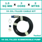 V4 Oil Filled Cable Kit for submersible pumps with 2.5 SQ MM X 3 CORE X 2 MTRS cable, waterproof cable gland, sealing components, and mounting accessories. Designed for V4 oil filled submersible pumps, borewell pumps, deep well pumps, and industrial water pumping systems, this high-quality cable kit provides secure electrical connections, leak-proof sealing, reliable power transmission, and long-lasting performance in residential, agricultural, commercial, and industrial applications. Kit Contains : Cable with 3 nos brass pin SS flat clamp rubber grommet