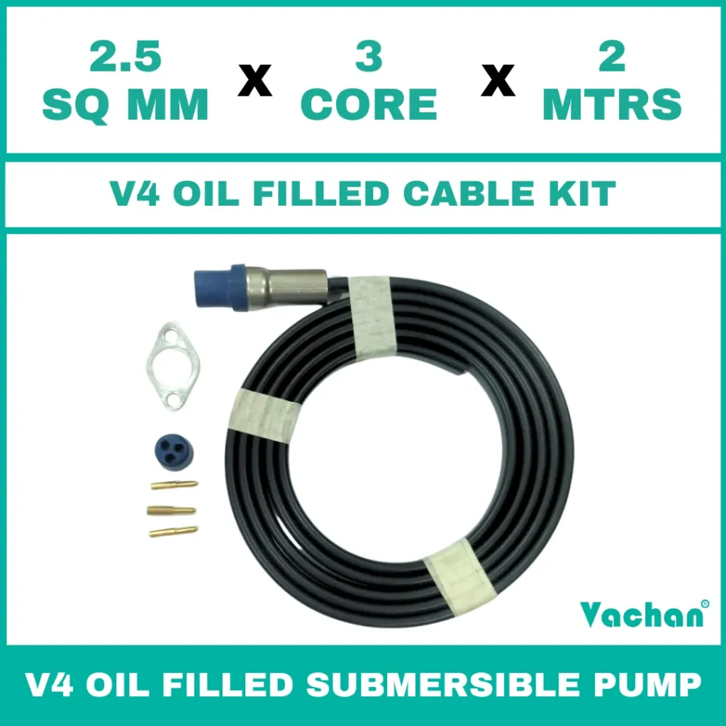 V4 Oil Filled Cable Kit for submersible pumps with 2.5 SQ MM X 3 CORE X 2 MTRS cable, waterproof cable gland, sealing components, and mounting accessories. Designed for V4 oil filled submersible pumps, borewell pumps, deep well pumps, and industrial water pumping systems, this high-quality cable kit provides secure electrical connections, leak-proof sealing, reliable power transmission, and long-lasting performance in residential, agricultural, commercial, and industrial applications.