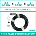 V4 Oil Filled Cable Kit for submersible pumps with 2.5 SQ MM X 3 CORE X 2 MTRS cable, waterproof cable gland, sealing components, and mounting accessories. Designed for V4 oil filled submersible pumps, borewell pumps, deep well pumps, and industrial water pumping systems, this high-quality cable kit provides secure electrical connections, leak-proof sealing, reliable power transmission, and long-lasting performance in residential, agricultural, commercial, and industrial applications.