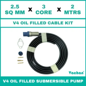 V4 Oil Filled Cable Kit for submersible pumps with 2.5 SQ MM X 3 CORE X 2 MTRS cable, waterproof cable gland, sealing components, and mounting accessories. Designed for V4 oil filled submersible pumps, borewell pumps, deep well pumps, and industrial water pumping systems, this high-quality cable kit provides secure electrical connections, leak-proof sealing, reliable power transmission, and long-lasting performance in residential, agricultural, commercial, and industrial applications.