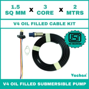 V4 Oil Filled Cable Kit for submersible pumps with 1.5 SQ MM X 3 CORE X 2 MTRS cable, waterproof cable gland, sealing components, and mounting accessories. Designed for V4 oil filled submersible pumps, borewell pumps, deep well pumps, and industrial water pumping systems, this high-quality cable kit provides secure electrical connections, leak-proof sealing, reliable power transmission, and long-lasting performance in residential, agricultural, commercial, and industrial applications. Kit Contains : ISI Marked Cable with teflon wire, SS Flat Clamp & 3pin Moulded socket