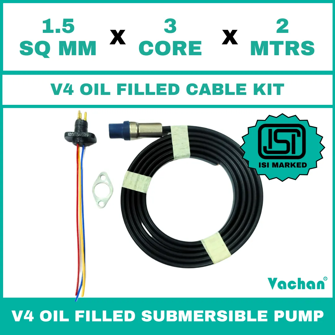 V4 Oil Filled Cable Kit for submersible pumps with 1.5 SQ MM X 3 CORE X 2 MTRS cable, waterproof cable gland, sealing components, and mounting accessories. Designed for V4 oil filled submersible pumps, borewell pumps, deep well pumps, and industrial water pumping systems, this high-quality cable kit provides secure electrical connections, leak-proof sealing, reliable power transmission, and long-lasting performance in residential, agricultural, commercial, and industrial applications. Kit Contains : ISI Marked Cable with teflon wire, SS Flat Clamp & 3pin Moulded socket