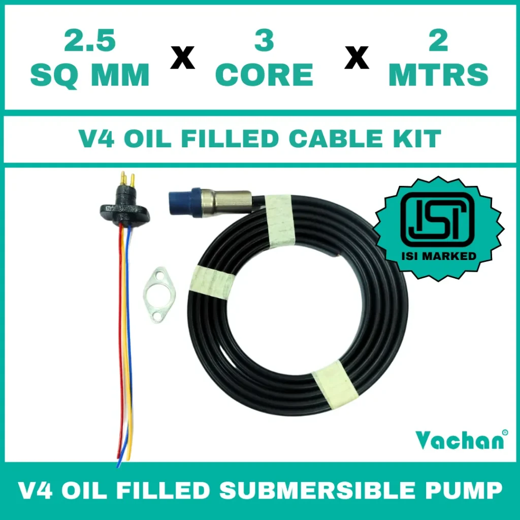 V4 Oil Filled Cable Kit for submersible pumps with 2.5 SQ MM X 3 CORE X 2 MTRS cable, waterproof cable gland, sealing components, and mounting accessories. Designed for V4 oil filled submersible pumps, borewell pumps, deep well pumps, and industrial water pumping systems, this high-quality cable kit provides secure electrical connections, leak-proof sealing, reliable power transmission, and long-lasting performance in residential, agricultural, commercial, and industrial applications. Kit Contains : ISI Marked Cable with teflon wire, SS Flat Clamp & 3pin Moulded socket