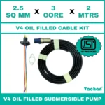 V4 Oil Filled Cable Kit for submersible pumps with 2.5 SQ MM X 3 CORE X 2 MTRS cable, waterproof cable gland, sealing components, and mounting accessories. Designed for V4 oil filled submersible pumps, borewell pumps, deep well pumps, and industrial water pumping systems, this high-quality cable kit provides secure electrical connections, leak-proof sealing, reliable power transmission, and long-lasting performance in residential, agricultural, commercial, and industrial applications. Kit Contains : ISI Marked Cable with teflon wire, SS Flat Clamp & 3pin Moulded socket