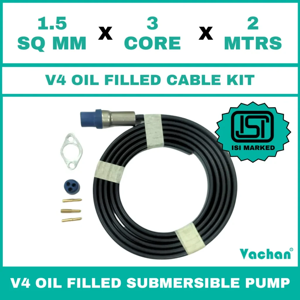 V4 Oil Filled Cable Kit for submersible pumps with 1.5 SQ MM X 3 CORE X 2 MTRS cable, waterproof cable gland, sealing components, and mounting accessories. Designed for V4 oil filled submersible pumps, borewell pumps, deep well pumps, and industrial water pumping systems, this high-quality cable kit provides secure electrical connections, leak-proof sealing, reliable power transmission, and long-lasting performance in residential, agricultural, commercial, and industrial applications. Kit Contains : ISI Marked Cable with 3 nos brass pin SS flat clamp rubber grommet