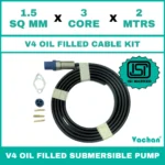 V4 Oil Filled Cable Kit for submersible pumps with 1.5 SQ MM X 3 CORE X 2 MTRS cable, waterproof cable gland, sealing components, and mounting accessories. Designed for V4 oil filled submersible pumps, borewell pumps, deep well pumps, and industrial water pumping systems, this high-quality cable kit provides secure electrical connections, leak-proof sealing, reliable power transmission, and long-lasting performance in residential, agricultural, commercial, and industrial applications. Kit Contains : ISI Marked Cable with 3 nos brass pin SS flat clamp rubber grommet