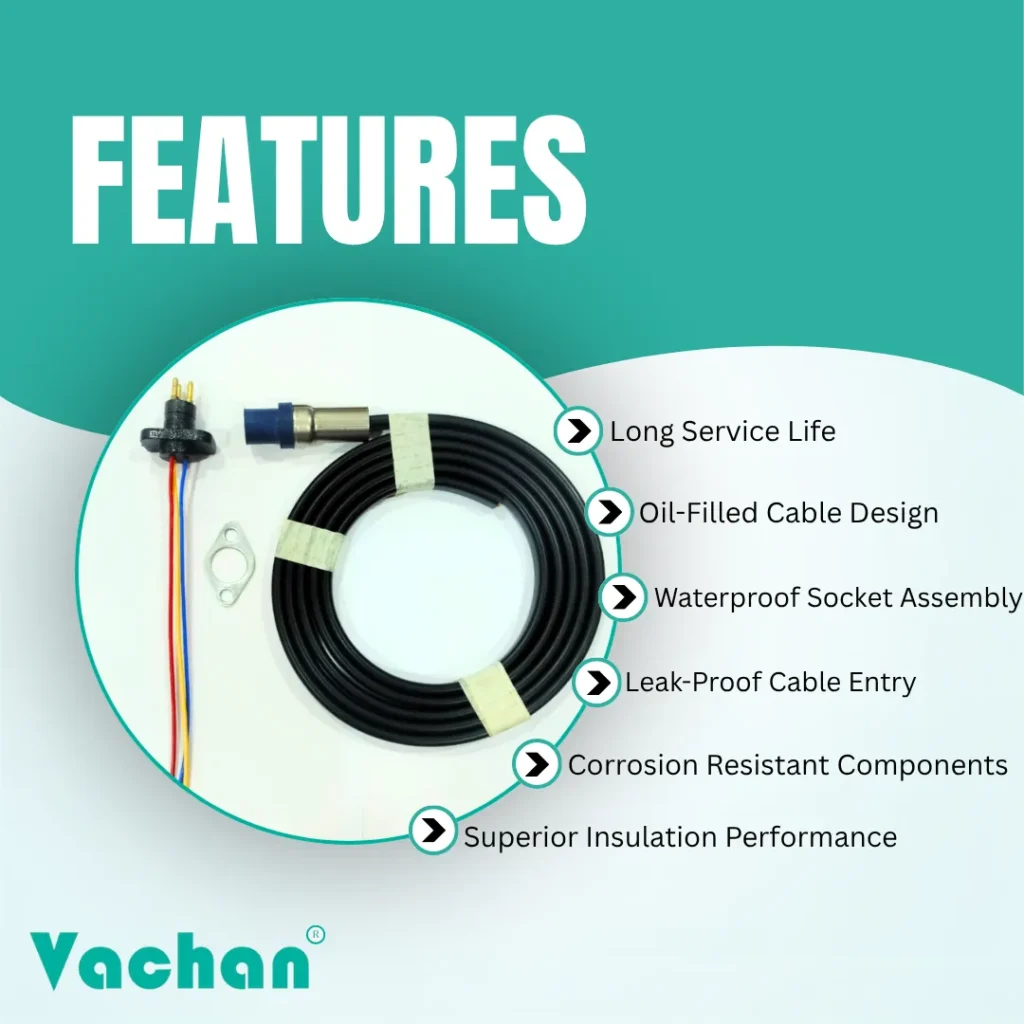 Feature overview of the Vachan V4 ISI Marked Oil Filled Cable Kit designed for submersible pumps. The cable kit offers long service life, oil filled cable construction, waterproof socket assembly, leak-proof cable entry, corrosion-resistant components, and superior insulation performance. Manufactured using premium copper conductors and high-quality insulating materials to withstand harsh underwater operating conditions. Suitable for borewell motors, agricultural irrigation pumps, residential water systems, industrial water transfer applications, and commercial pumping installations. Frequently searched keywords include V4 cable kit, oil filled flat cable, submersible motor cable, waterproof pump cable, ISI marked cable kit, borewell cable replacement, V4 pump accessories, heavy-duty electrical cable, waterproof connector, and submersible spare parts.