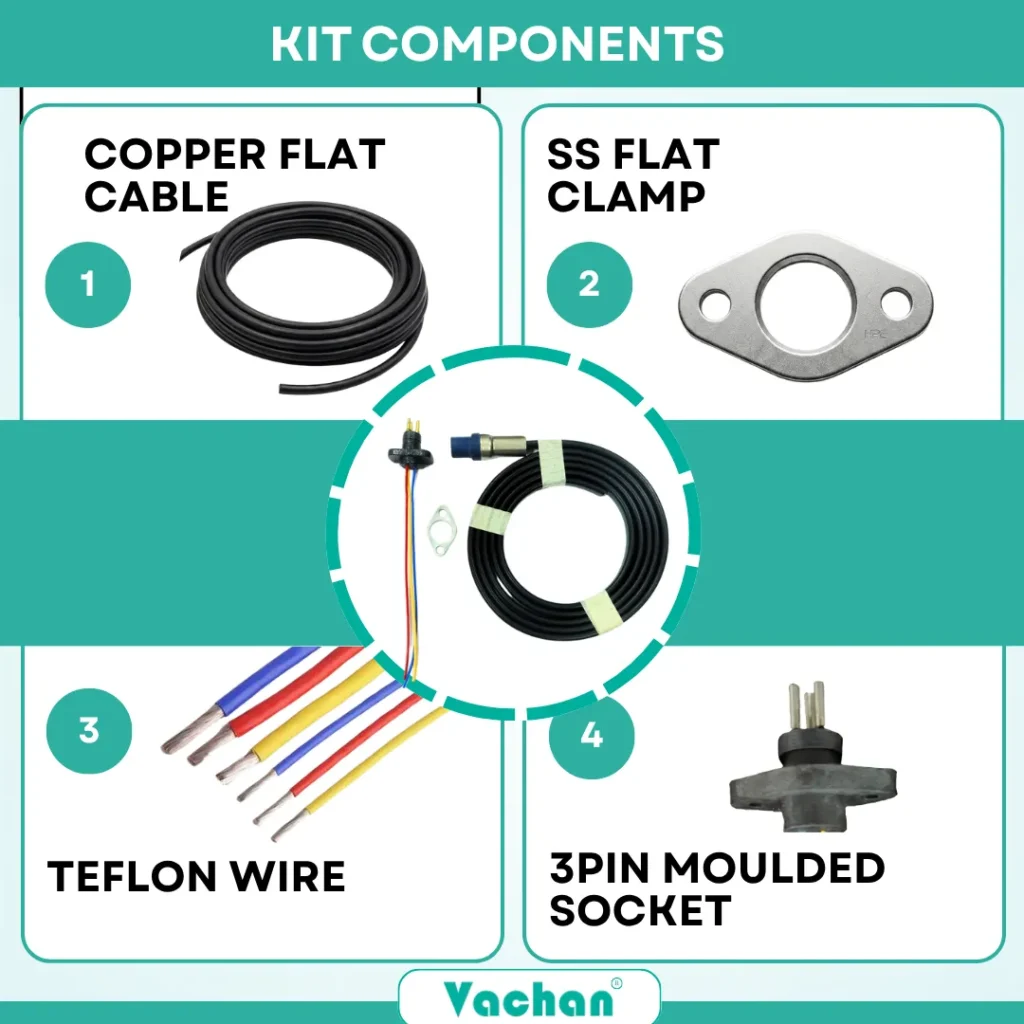 Complete Vachan V4 ISI Marked Oil Filled Cable Kit containing premium copper flat cable, stainless steel flat clamp, high-quality Teflon wires, and waterproof 3-pin moulded socket for V4 submersible pumps. Each component is manufactured to provide secure electrical connections, excellent insulation, waterproof sealing, corrosion resistance, and long-lasting field performance. Designed for professional installation in borewell pumps, agricultural irrigation systems, industrial pumping equipment, commercial water systems, and domestic water supply applications. Popular Google search keywords include V4 cable kit components, submersible pump spare parts, waterproof cable kit, oil filled cable, Teflon wire, V4 motor cable, borewell motor cable, waterproof socket, pump wiring kit, and ISI marked submersible cable.