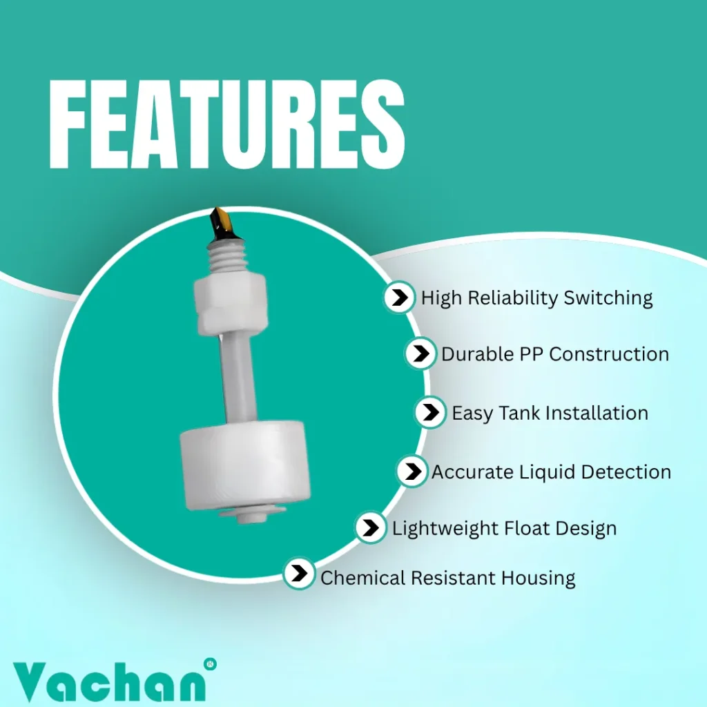 VFS 101 Float Sensor featuring reliable switching, durable polypropylene construction, chemical resistant housing, lightweight float design, accurate liquid detection, and easy tank installation for automatic water level control.