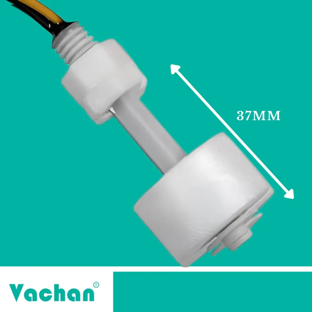 VFS 101 Float Sensor showing compact 37 mm float dimension designed for vertical mounting in tanks, water purification systems, liquid level monitoring equipment, and industrial automation applications.