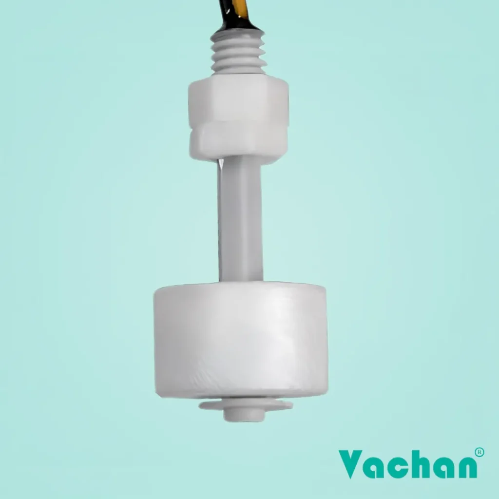 VFS 101 Float Sensor with compact polypropylene float, vertical mounting, durable cable, and reliable liquid level detection for water tanks, RO systems, pump control panels, industrial automation, and water level monitoring.