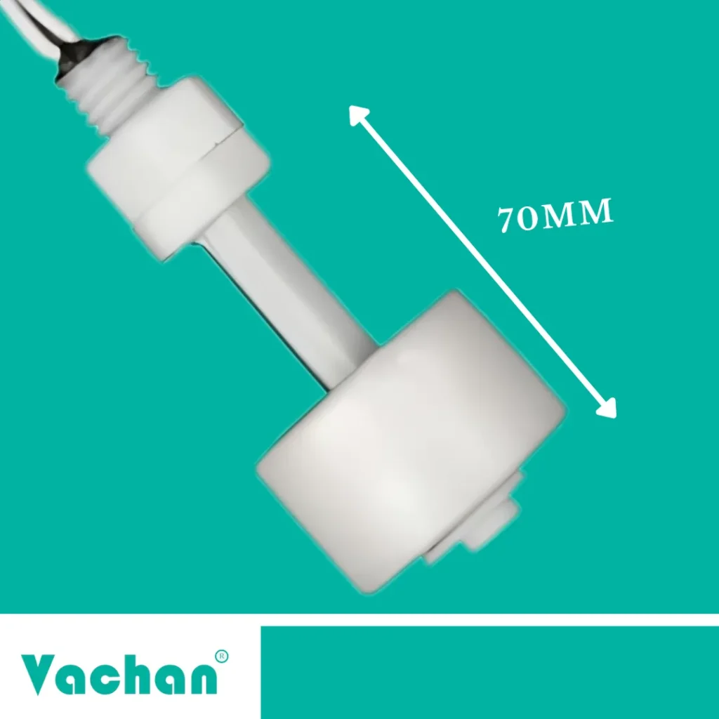 VFS 102 Float Sensor with compact vertical design measuring approximately 70 mm for installation in water tanks, RO systems, industrial equipment, and liquid level monitoring applications.