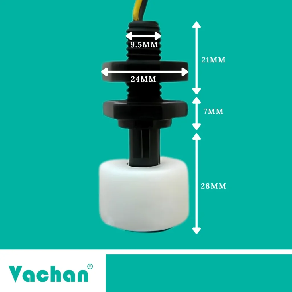 VFS 103 Float Sensor showing compact dimensions with 9.5 mm threaded section, 24 mm mounting diameter, 21 mm upper length, 7 mm center section, and 28 mm float body for vertical installation.