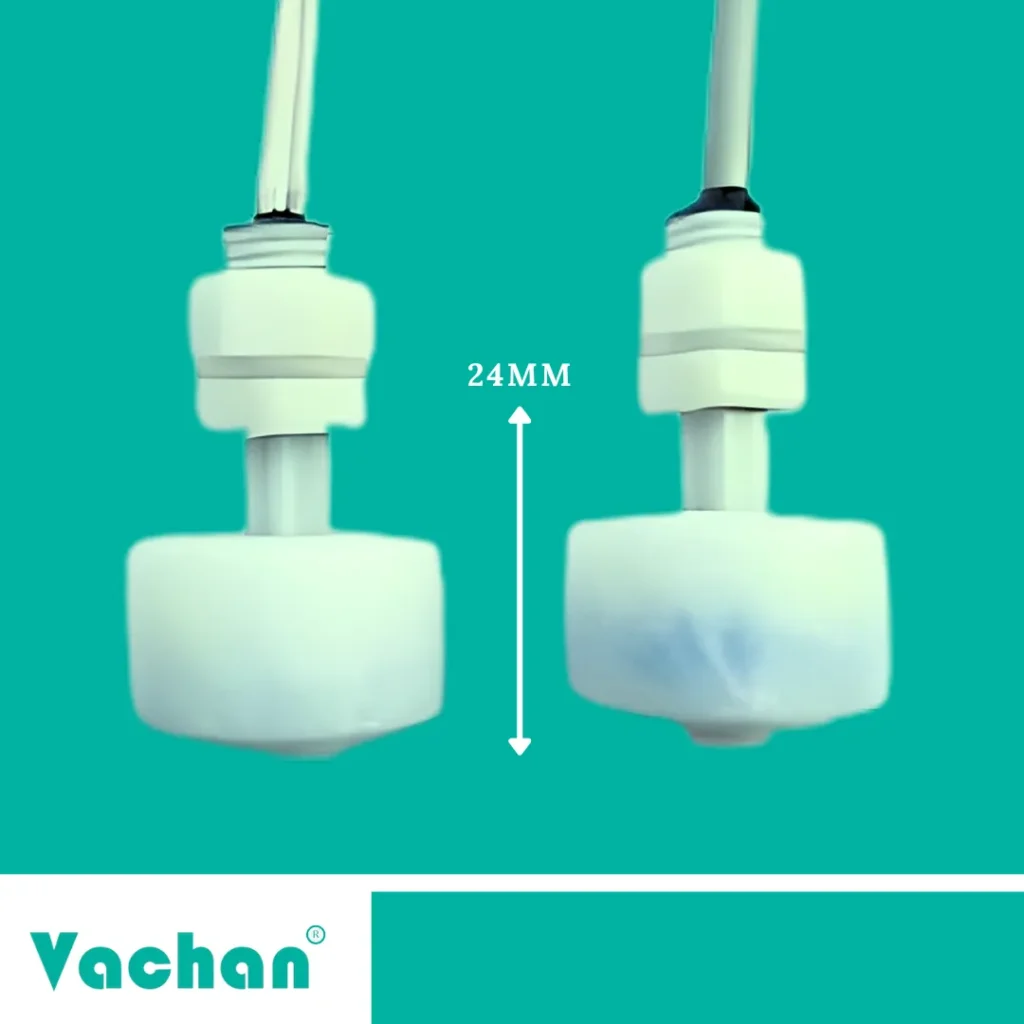 VFS 104 Float Sensor showing compact 24 mm overall length with dual mounting orientation for vertical liquid level sensing applications.
