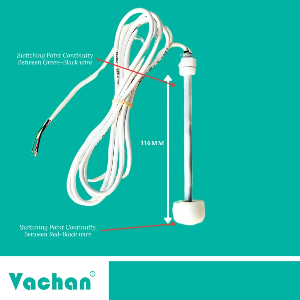 VFS 105 Float Sensor dimensions showing approximately 116 mm sensing length with dual switching points for independent liquid level detection. Designed for vertical installation inside water storage tanks, overhead tanks, underground reservoirs, RO systems, industrial tanks, chemical containers, and automatic water level control systems. The compact design enables easy installation while providing accurate liquid level sensing. Suitable for applications requiring water level sensor, float switch, tank level sensor, vertical float switch, liquid level switch, reed switch float sensor, automatic pump controller, PP float sensor, industrial level sensor, reservoir float switch, and automatic water tank monitoring equipment.